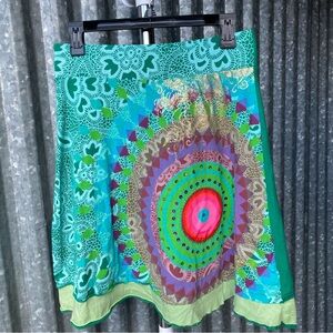 Y2K Euro Desigual Green Abstract Print Skater Skirt Size Medium